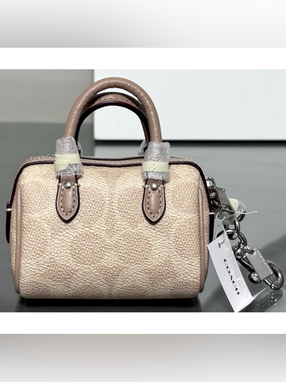 COACH Mini Rowan Bag Charm In Signature Canvas, SILVER/ SAND/‎ TAUPE - Picture 2 of 7
